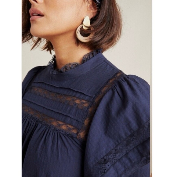 Anthropologie Maeve Fleetwood Mini Ruffle Dress Navy Blue Size 12 / L - Picture 3 of 11